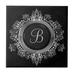 Elegant Svarta och silver inledande monogram Kakelplatta