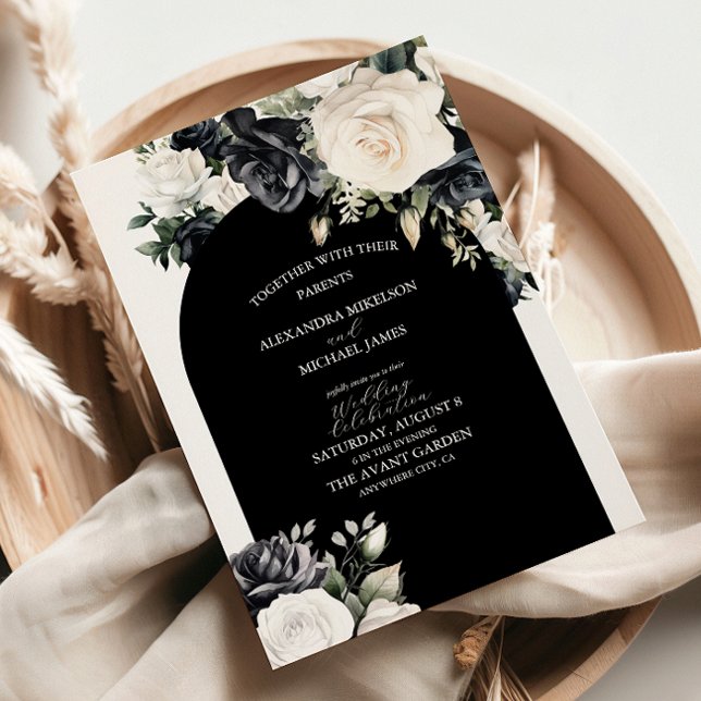 Elegant Svarta och vita Blommigten Bröllop Inbjudningar (Skapare uppladdad)