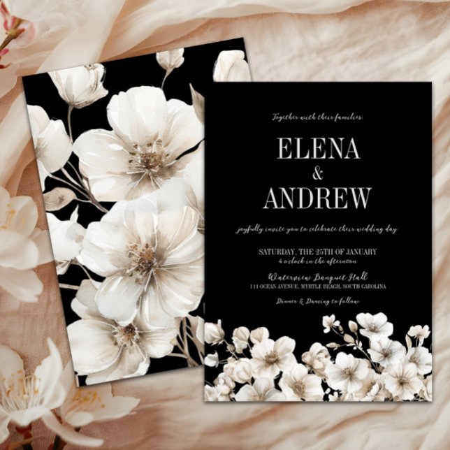 Elegant Svarta och vita Blommigten Bröllop Inbjudningar (Elegant Black & White Floral Wedding Invitation, Winter Wedding, Fall Autumn Flowers, Love in Bloom)