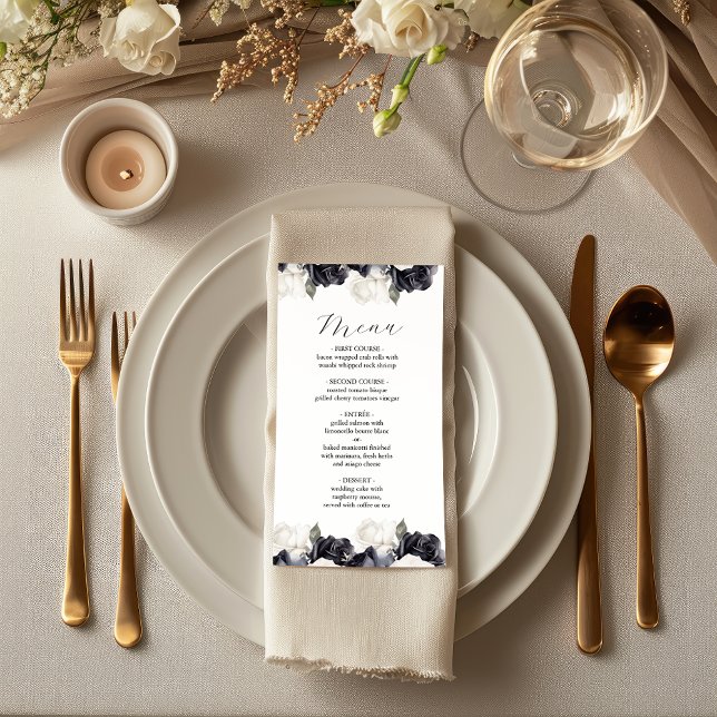 Elegant Svarta och vita Blommigten Bröllop Meny (Skapare uppladdad)