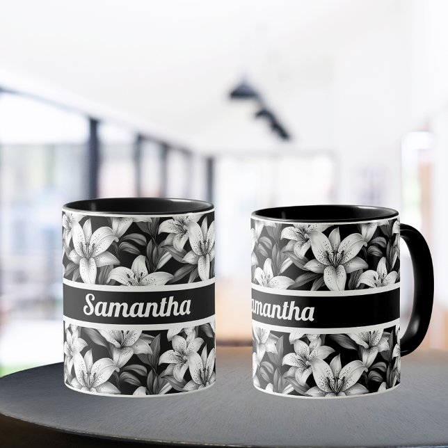 Elegant Svarta och vita Blommigten Personlig mugg (Skapare uppladdad)