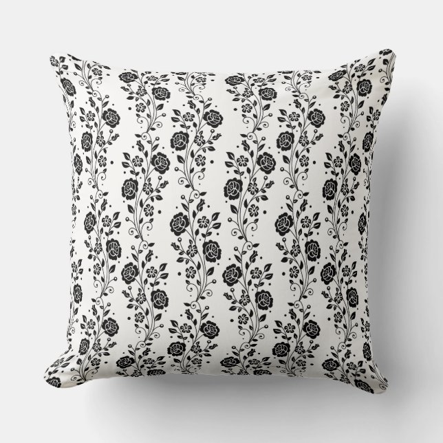 Elegant Svarta och vita Blommigten Ro Mönster Kudde (Framsida)