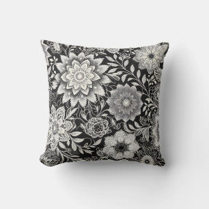 Elegant Svarta och vita Blommigten Snöre Mönster Kudde