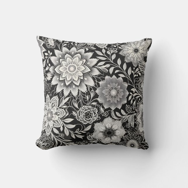 Elegant Svarta och vita Blommigten Snöre Mönster Kudde (Framsida)