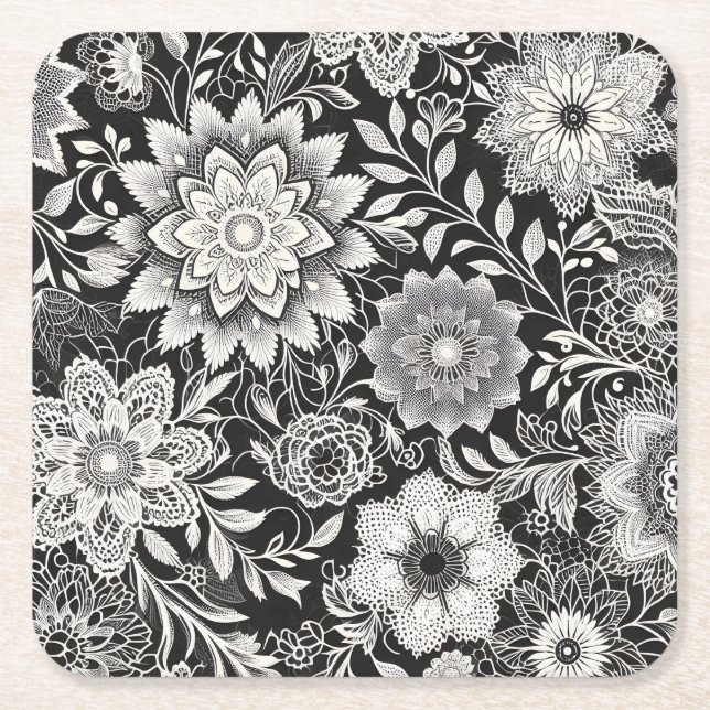 Elegant Svarta och vita Blommigten Snöre Mönster Underlägg Papper Kvadrat (Framsidan)