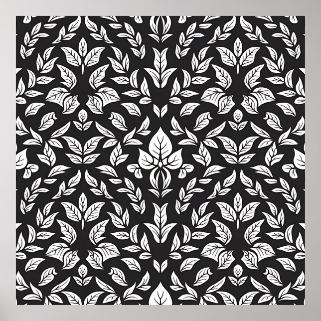 Elegant Svarta och vita Löv Mönster Poster (Framsidan)