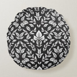 Elegant Svarta och vita Löv Mönster Rund Kudde