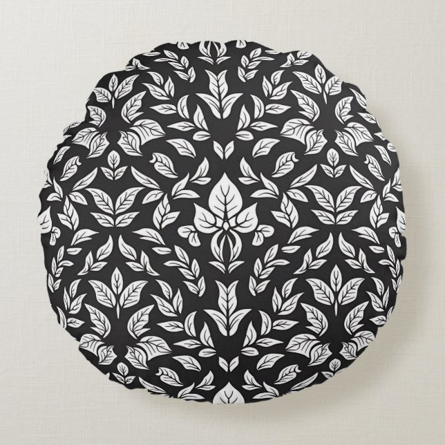 Elegant Svarta och vita Löv Mönster Rund Kudde (Framsidan)