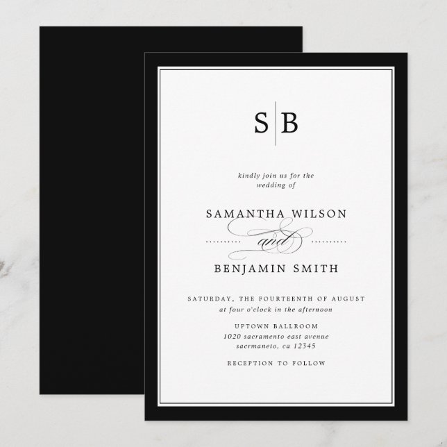 Elegant Svarta och vita monogram Bröllop Inbjudningar (Fram/baksida)
