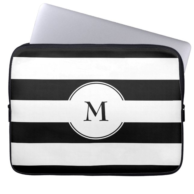 Elegant Svarta och vita Mönster-monogram Laptop Fodral (Framsidan)