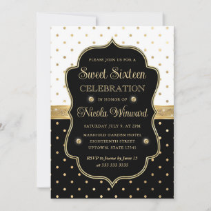 Elegant svarta och vita prickar Sweet Sixteen Inbjudningar