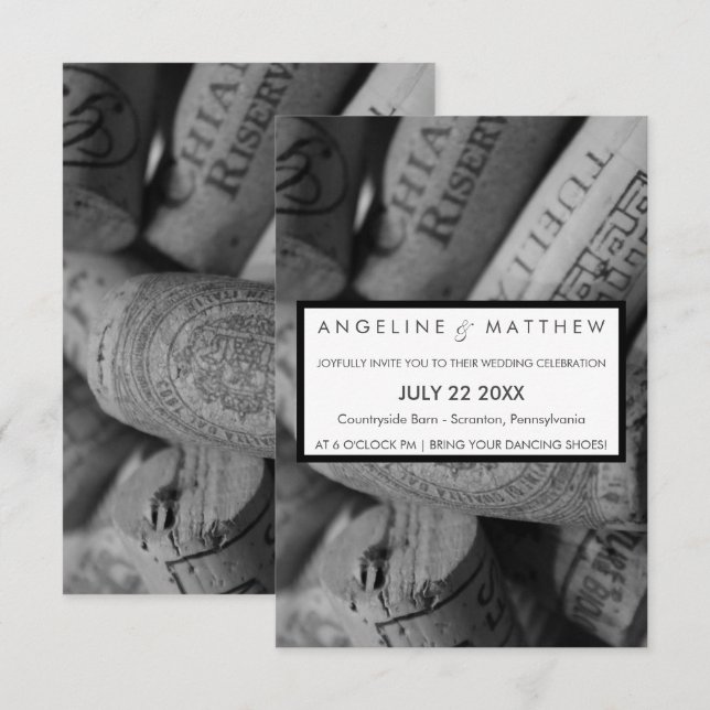 Elegant Svarta och vita Vin-Bröllop-kort Inbjudningar (Fram/baksida)