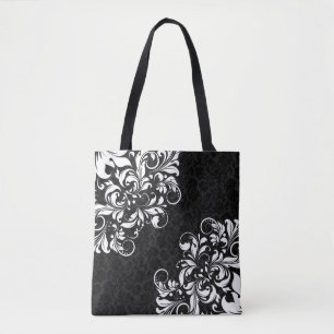 Elegant Svarta skador och vit Blommigt Snöre Tygkasse