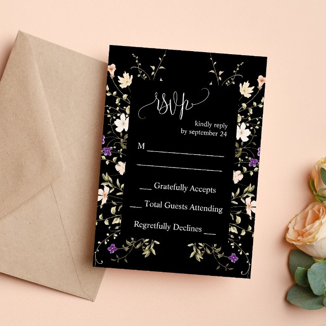 Elegant svarta vilda blommor Bröllop RSVP-kort Inbjudningar (Elegant black wildflowers wedding RSVP card makes guest responses simple with timeless charm)