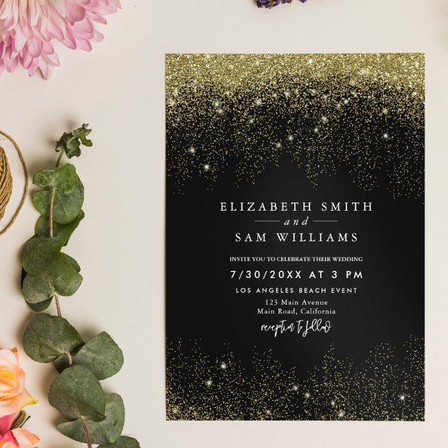 Elegant Svarte Guld Glitter Gnistra Modern Bröllop Inbjudningar (Skapare uppladdad)