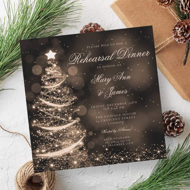 Elegant Svarte och Guld jul - helgdag Inbjudningar (Elegant Black & Gold Christmas Rehearsal Dinner Invitation)