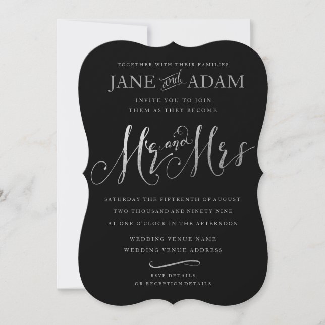 Elegant Svarte & Silver Typography Bröllop Inbjudningar (Framsida)