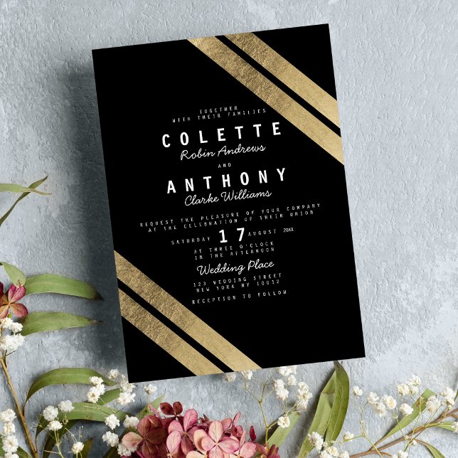 Elegant Svartfaux guld modern rand bröllop Inbjudningar (Elegant black faux gold modern stripes wedding invitation )
