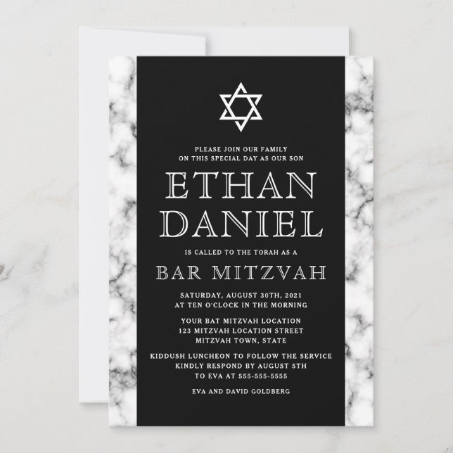 Elegant svartmarble struktur pub mitzvah inbjudningar (Framsida)