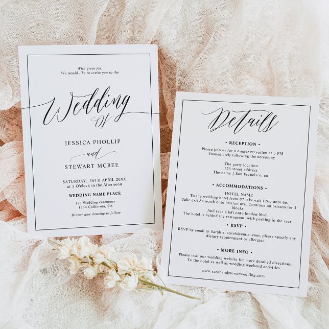 Elegant svartvit allt i ett skript bröllop inbjudningar (Elegant black white all in one script wedding invitation)
