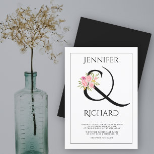 Elegant svartvit ampersand, rosa ros bröllop inbjudningar