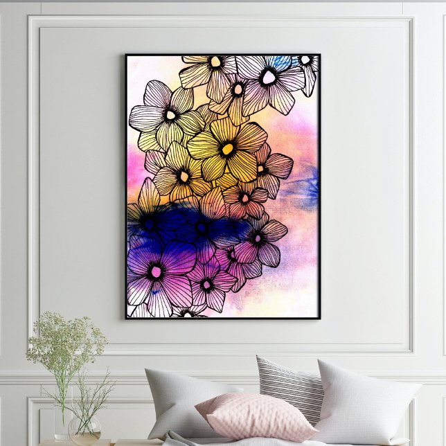 Elegant Svartvit Blommar på Pastellfärgad vattenfä Poster (Skapare uppladdad)
