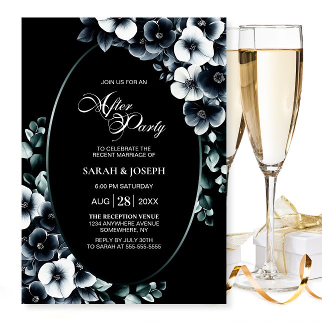 Elegant Svartvit Blommigt Bröllop efter Party Inbjudningar (Skapare uppladdad)