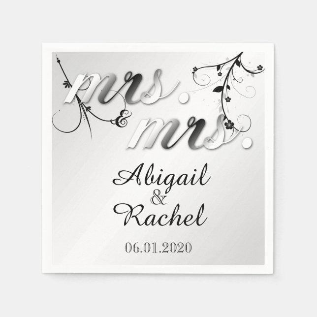 Elegant Svartvit Blommigt, Bröllop Napkin Pappersservett (Framsidan)