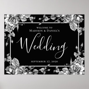 Elegant Svartvit Blommigt Bröllop-tecken Poster