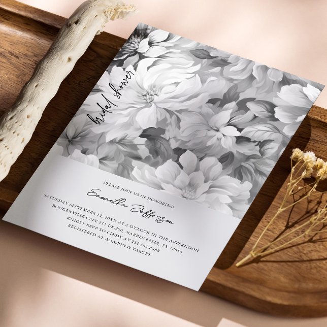 Elegant Svartvit Blommigt, Möhippa Inbjudningar (Elegant Black & White Floral Bridal Shower Invitation)