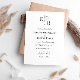 Elegant Svartvit Blommigt Monogram Bröllop Inbjudningar