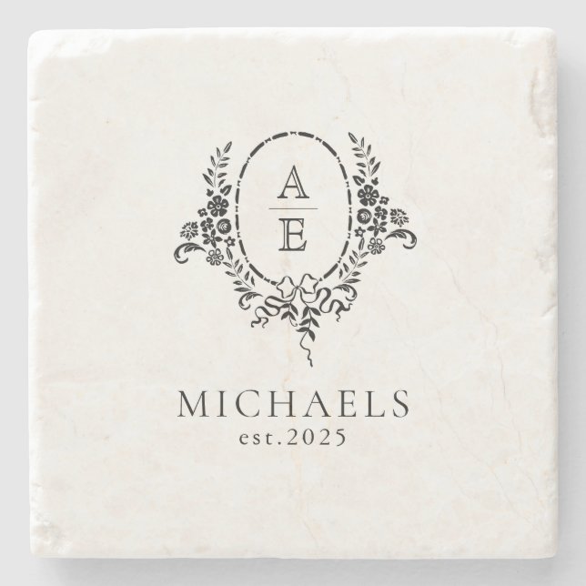 Elegant Svartvit Blommigt Monogram Bröllop Stenunderlägg (Framsidan)