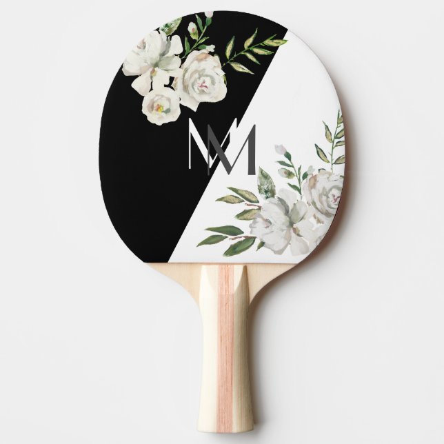 Elegant Svartvit Blommigt Monogram Initialer Pingisracket (Framsidan)