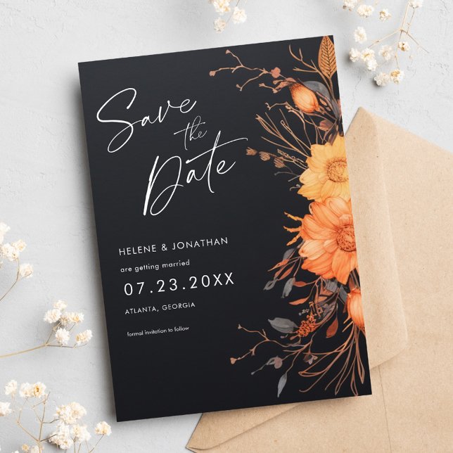 Elegant Svartvit Blommigt Vattenfärg Bröllop Spara Datumet (Elegant Black Fall Floral Watercolor Wedding Save The Date)