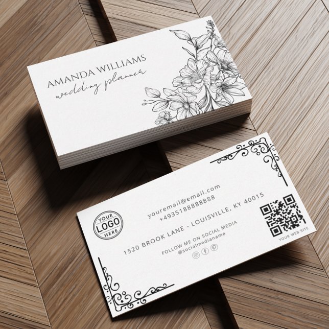 Elegant Svartvit blommor QR-kod Visitkort (Skapare uppladdad)