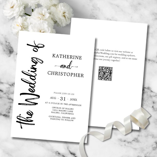 Elegant Svartvit Bröllop med fet stil Inbjudningar (Elegant  Bold Black & White Script Wedding Invitation with Vertical Calligraphy, QR Code.)