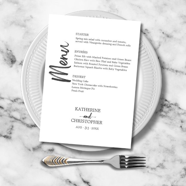 Elegant Svartvit Bröllop med fet stil Meny (Bold Black and White Vertical Script Wedding Menu with Menu Choices for each course.)