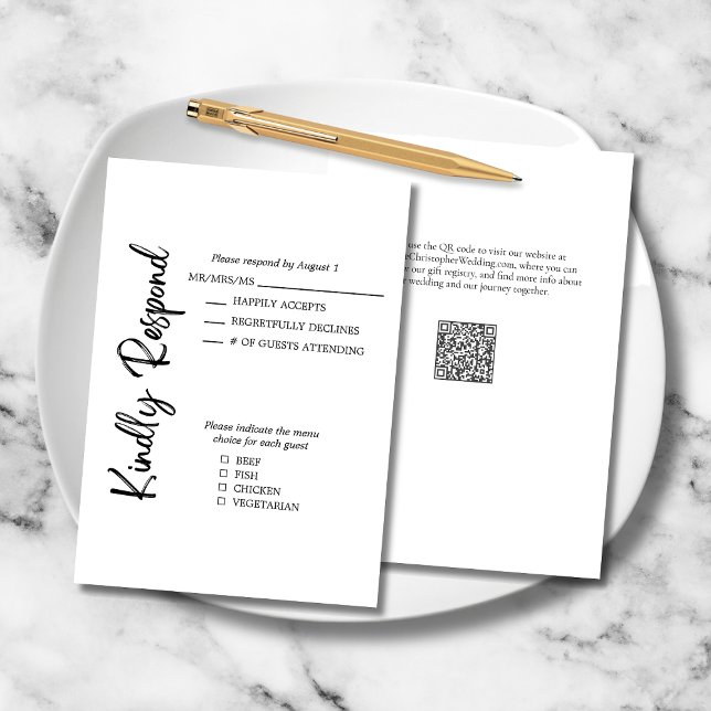 Elegant Svartvit Bröllop med fet stil OSA Kort (Black White Formal Elegant Wedding Kindly Respond RSVP Card with Menu Options, QR Code, Website.)
