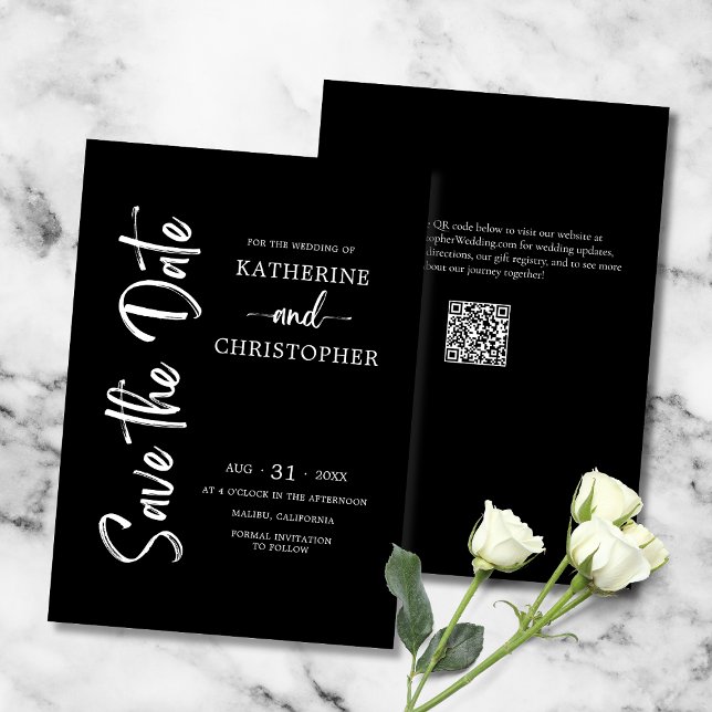 Elegant Svartvit Bröllop med fet stil Spara Datumet (Black and White Formal Save the Date Card with Elegant Vertical Script, QR Code, Website.)