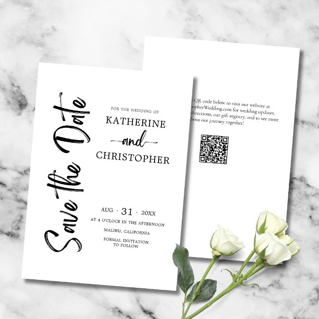 Elegant Svartvit Bröllop med fet stil Spara Datumet (Black and White Wedding Save the Date with Bold Vertical Script, QR Code, Wedding Website.)