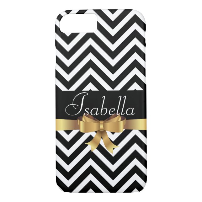 Elegant Svartvit chevron golden bow monogram Case-Mate iPhone Skal (Baksida)