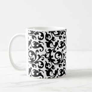 Elegant svartvit damast virvlar runt kaffemugg