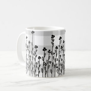 Elegant svartvit doodle blommigt grått gingham kaffemugg