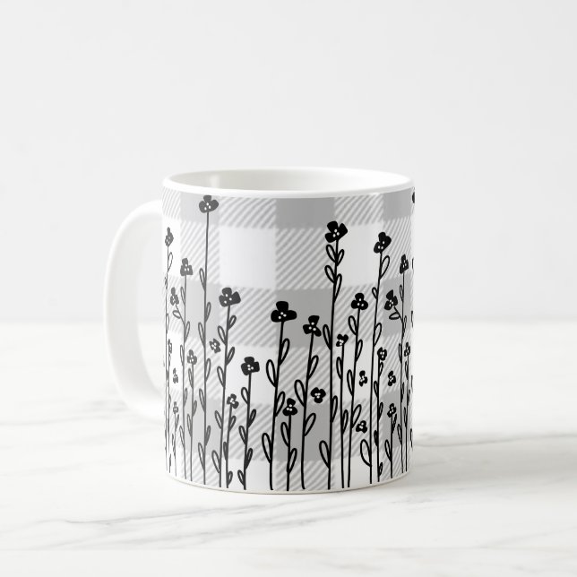 Elegant svartvit doodle blommigt grått gingham kaffemugg (Framsida vänster)