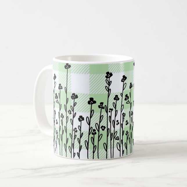 Elegant svartvit doodle blommigt grönt gingham kaffemugg (Framsida vänster)