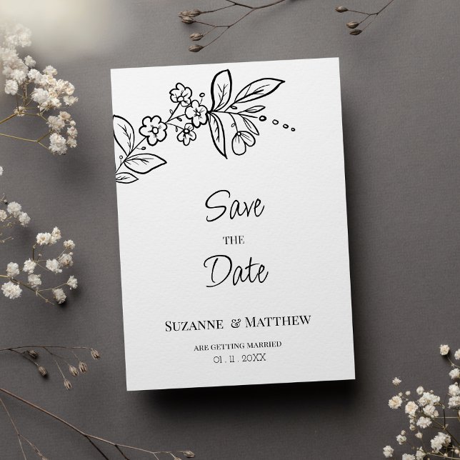 Elegant svartvit enkel blommigt Spara datum Inbjudningar (Elegant black white simple floral Save the Date)