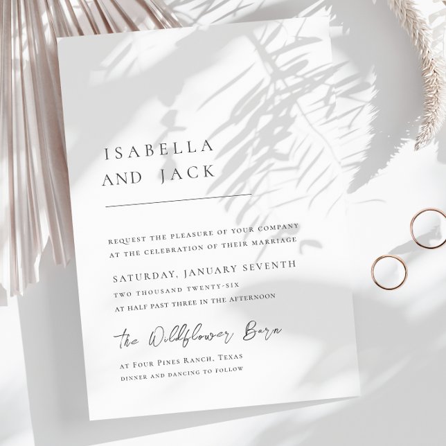 Elegant Svartvit, enkelt, minimalt skript Bröllop Inbjudningar (Elegant Minimalist Black White Script Wedding Invitation)