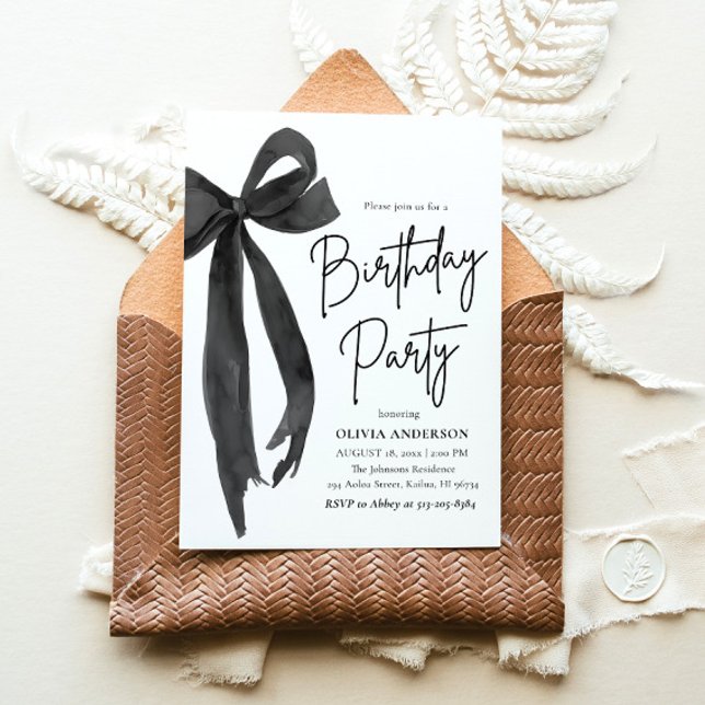 Elegant Svartvit Födelsedagsfest för vattenfärg Inbjudningar (Watercolor Modern Elegant Coquette Black Bow Birthday Party Invitation)