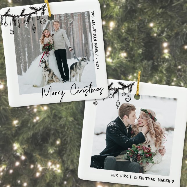 Elegant Svartvit första julfoto Julgransprydnad Keramik (Elegant Black White First Christmas Photo Ceramic Ornament)