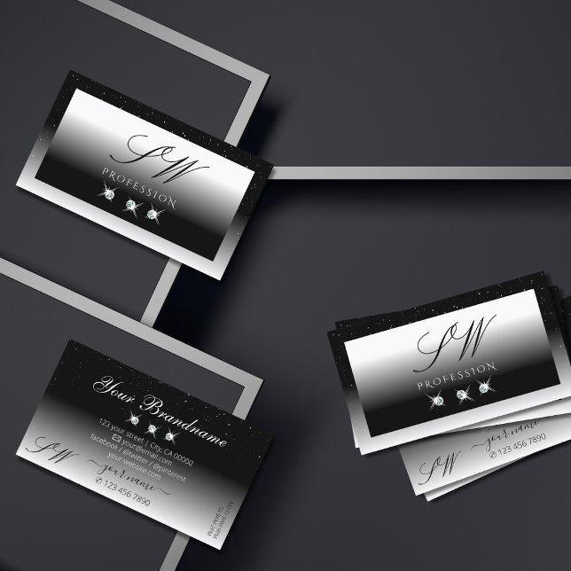 Elegant Svartvit Gnistra Diamonds Monogram Visitkort (Skapare uppladdad)